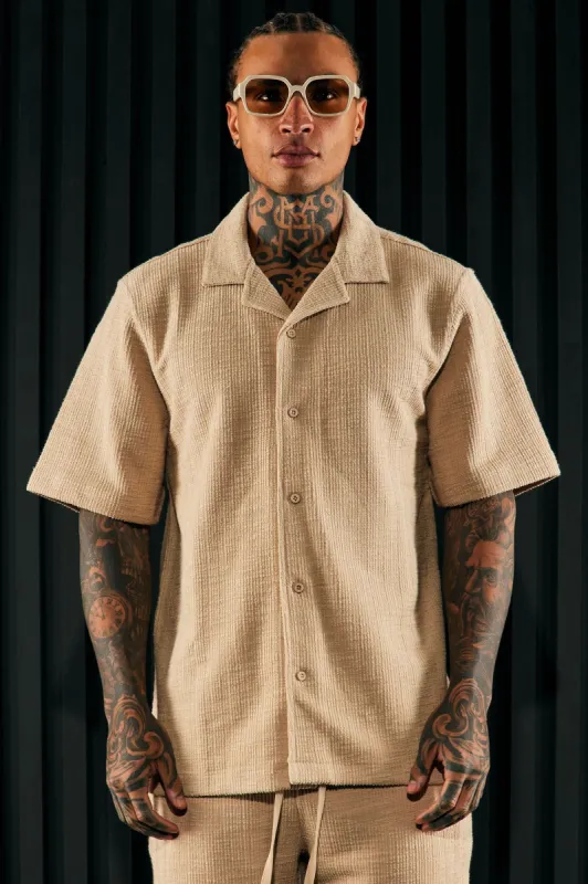 Dean Textured Short Sleeve Button Up Shirt - Tan sold by Fashion Nova