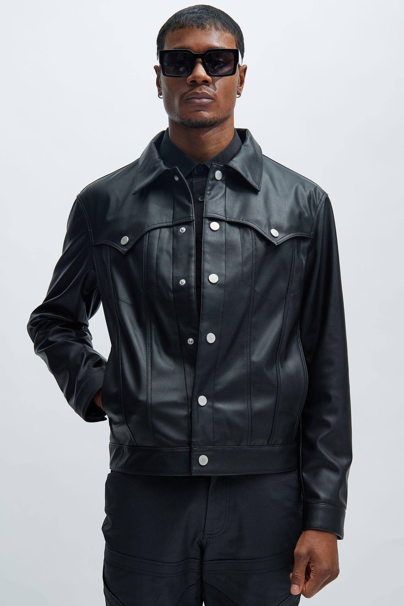 Logical Faux Leather Trucker Jacket - Black sold by Fashion Nova