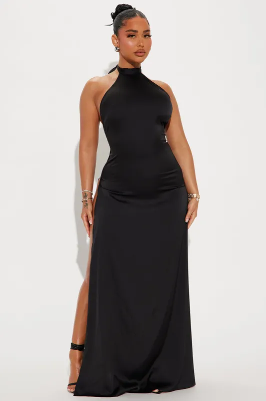 Living Lux Satin Maxi Dress - Black sold by Fashion Nova