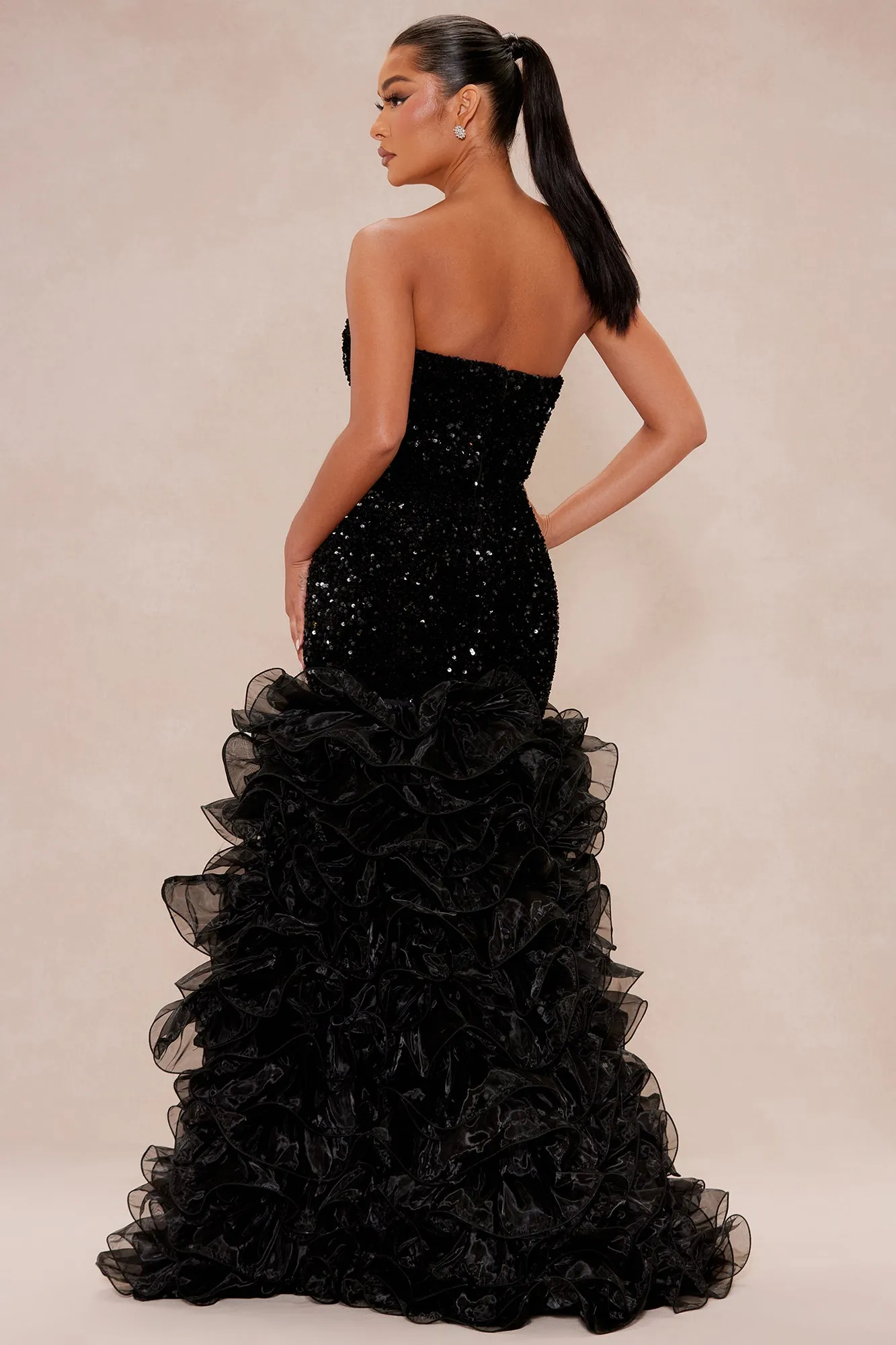 Cassandra Sequin Tiered Gown Black Parallel