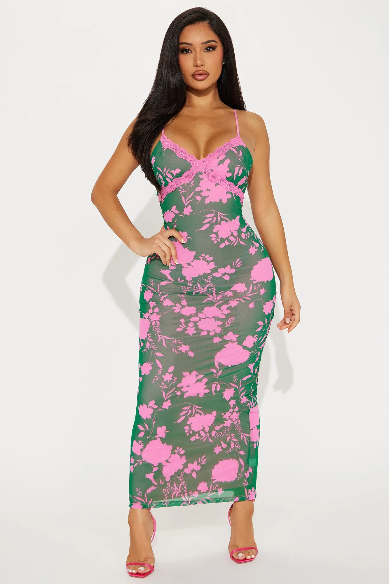 Charlie Floral Mesh Maxi - Green/combo sold by Fashion Nova