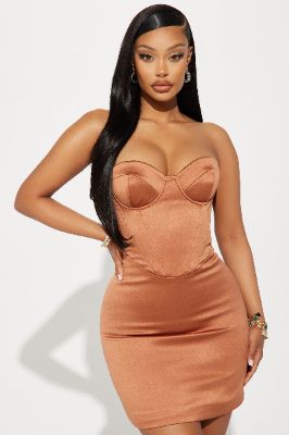 Natalia Satin Mini Dress - Cognac sold by Fashion Nova