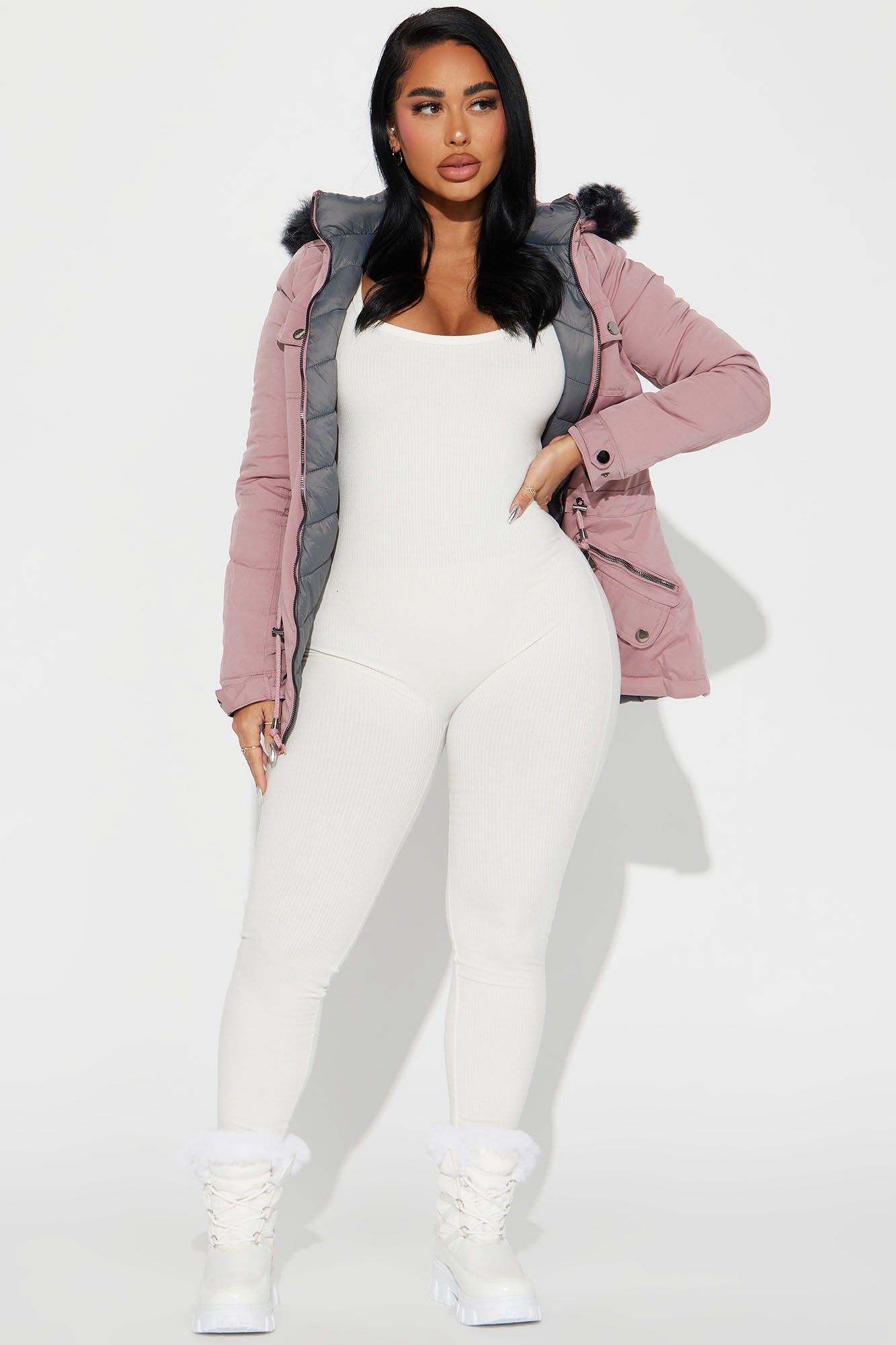 Anabelle Reversible Long Puffer Jacket - Mauve/combo sold by Fashion Nova
