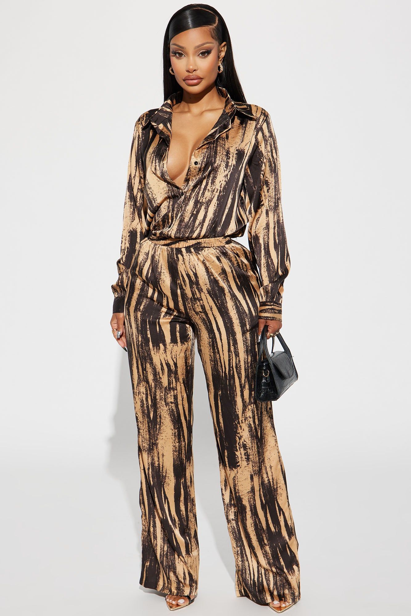 Say Something Satin Pant Set - Mocha/combo sold by Fashion Nova