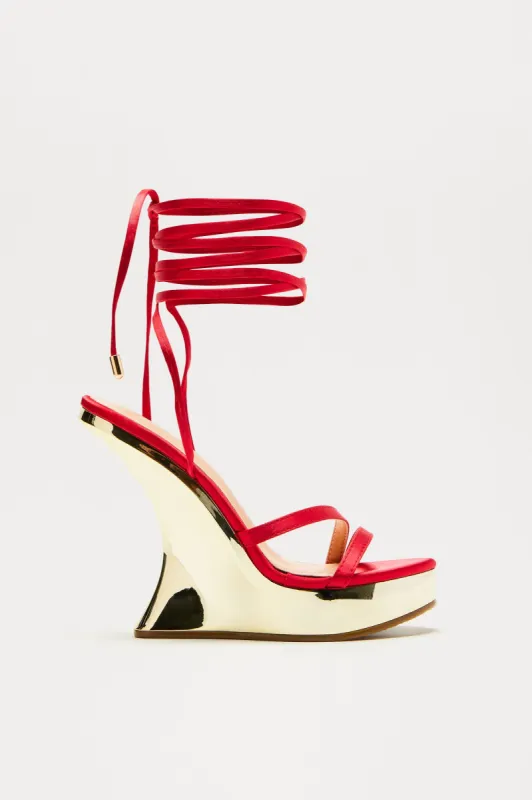Out Of Time Wrap Up Wedges - Red sold by Fashion Nova