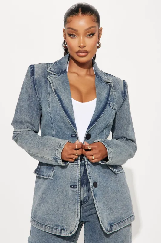 Got Your Mind Racing Denim Blazer - Grey sold by Fashion Nova