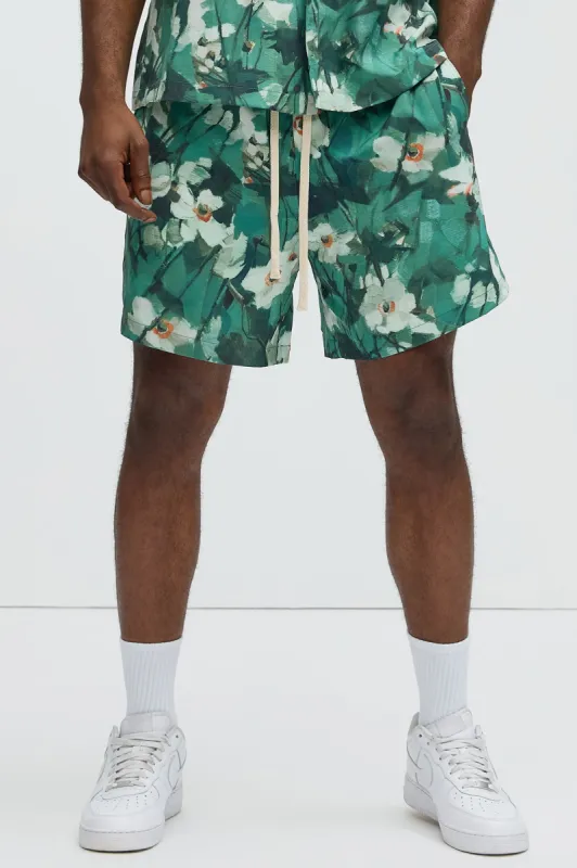 Monet Floral Warm Up Shorts - Green/combo sold by Fashion Nova