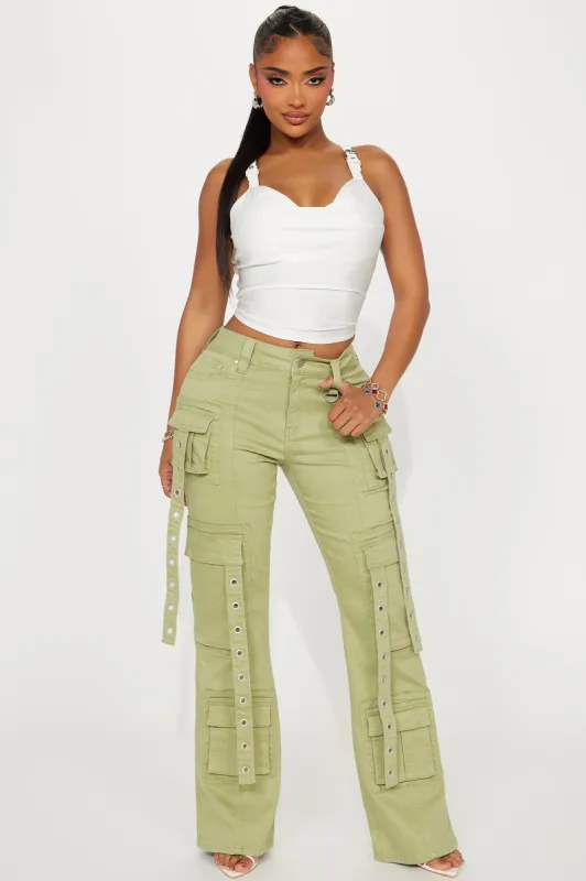 Your Best Shot Cargo Flare Pant - Sage sold by Fashion Nova