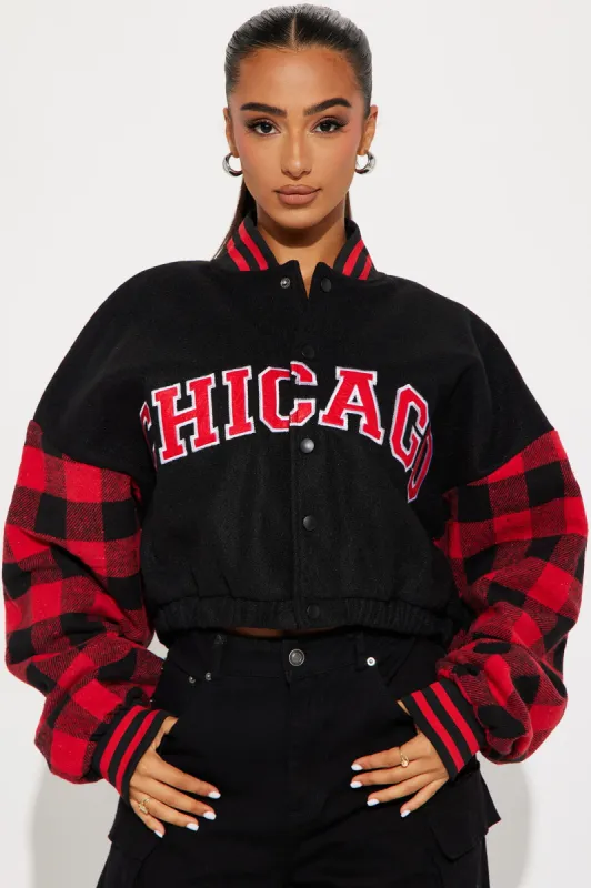 Chicago Vibe Varsity Jacket - Black/combo sold by Fashion Nova
