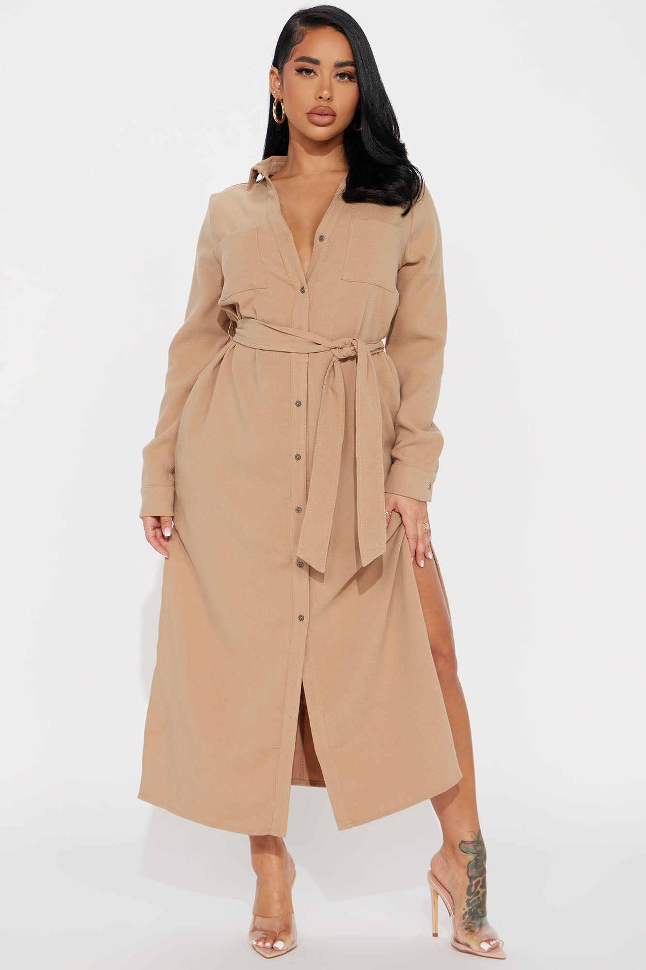 Gracie Button Down Maxi Dress - Tan sold by Fashion Nova