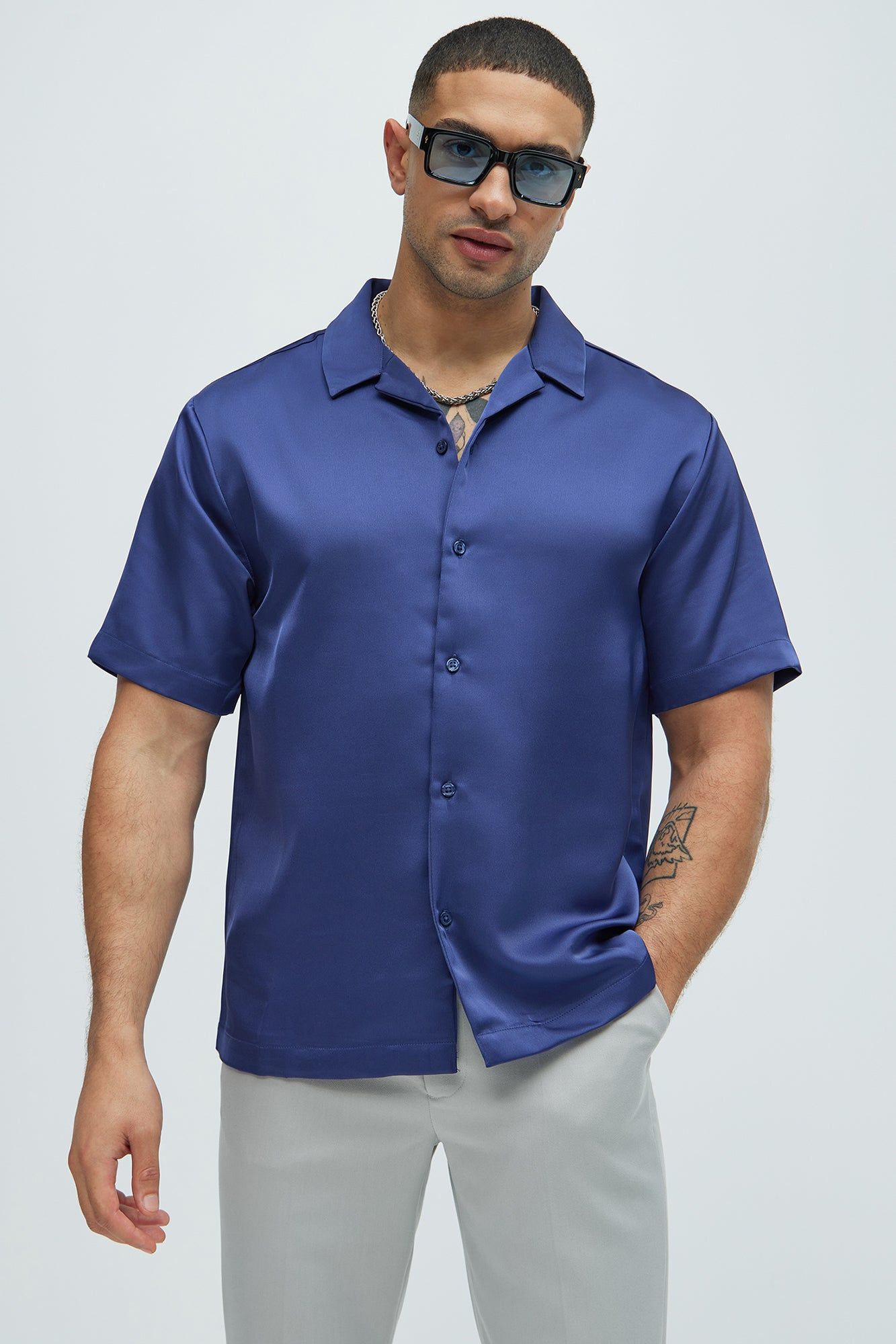 Links Satin Short Sleeve Button Up Shirt - Navy sold by Fashion Nova