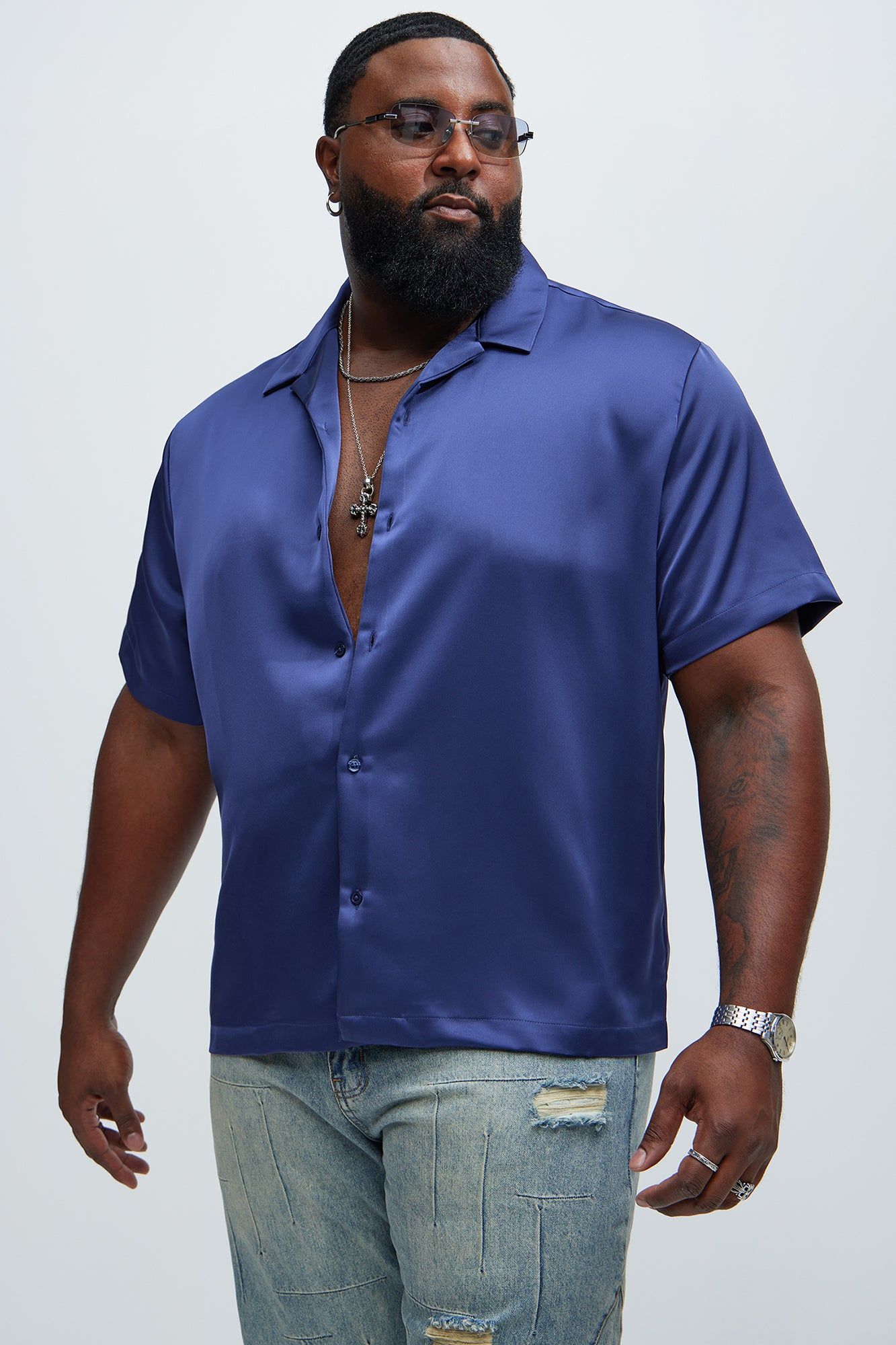 Links Satin Short Sleeve Button Up Shirt - Navy sold by Fashion Nova product image thumbnail 5