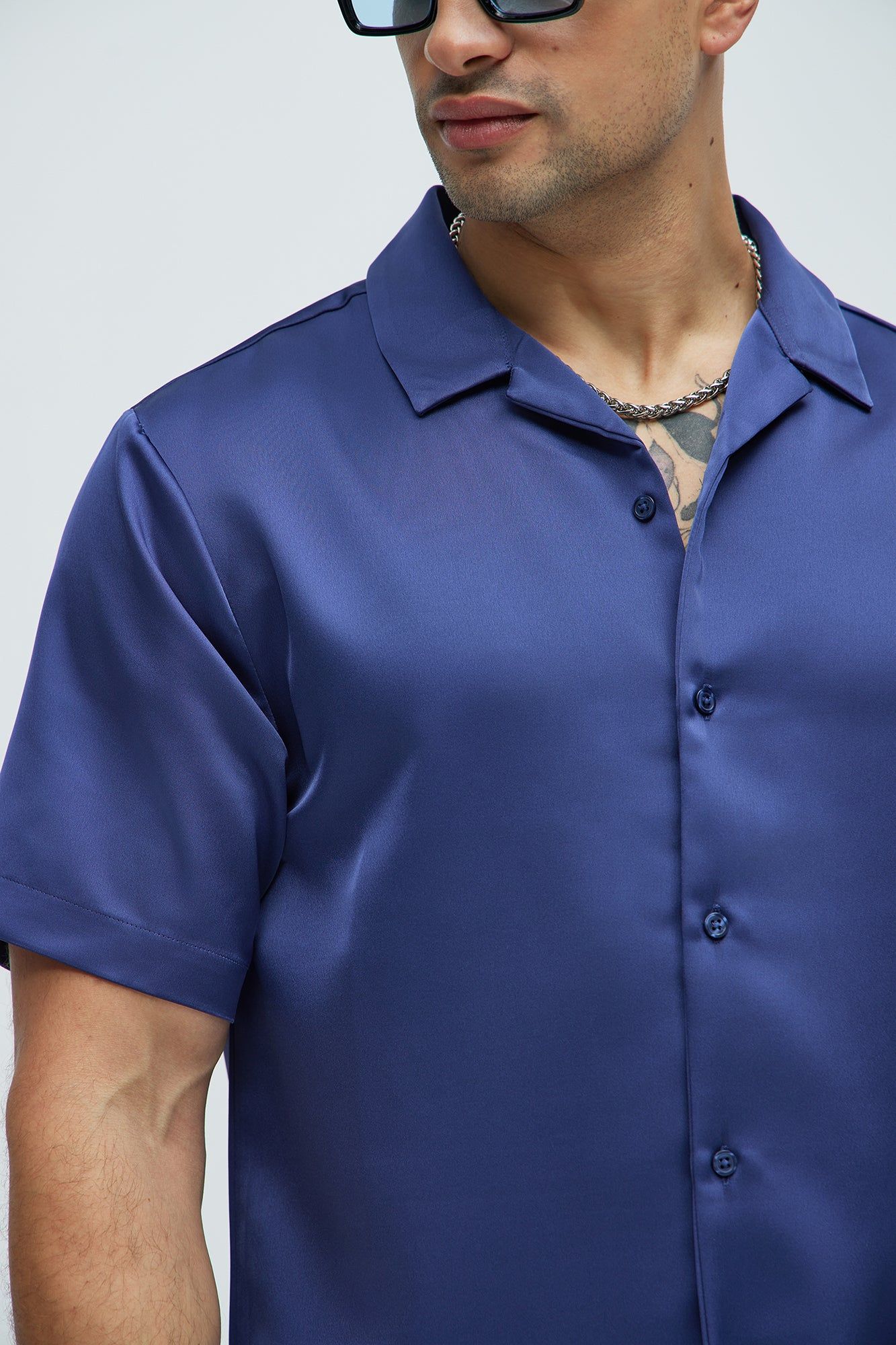 Links Satin Short Sleeve Button Up Shirt - Navy sold by Fashion Nova product image thumbnail 3
