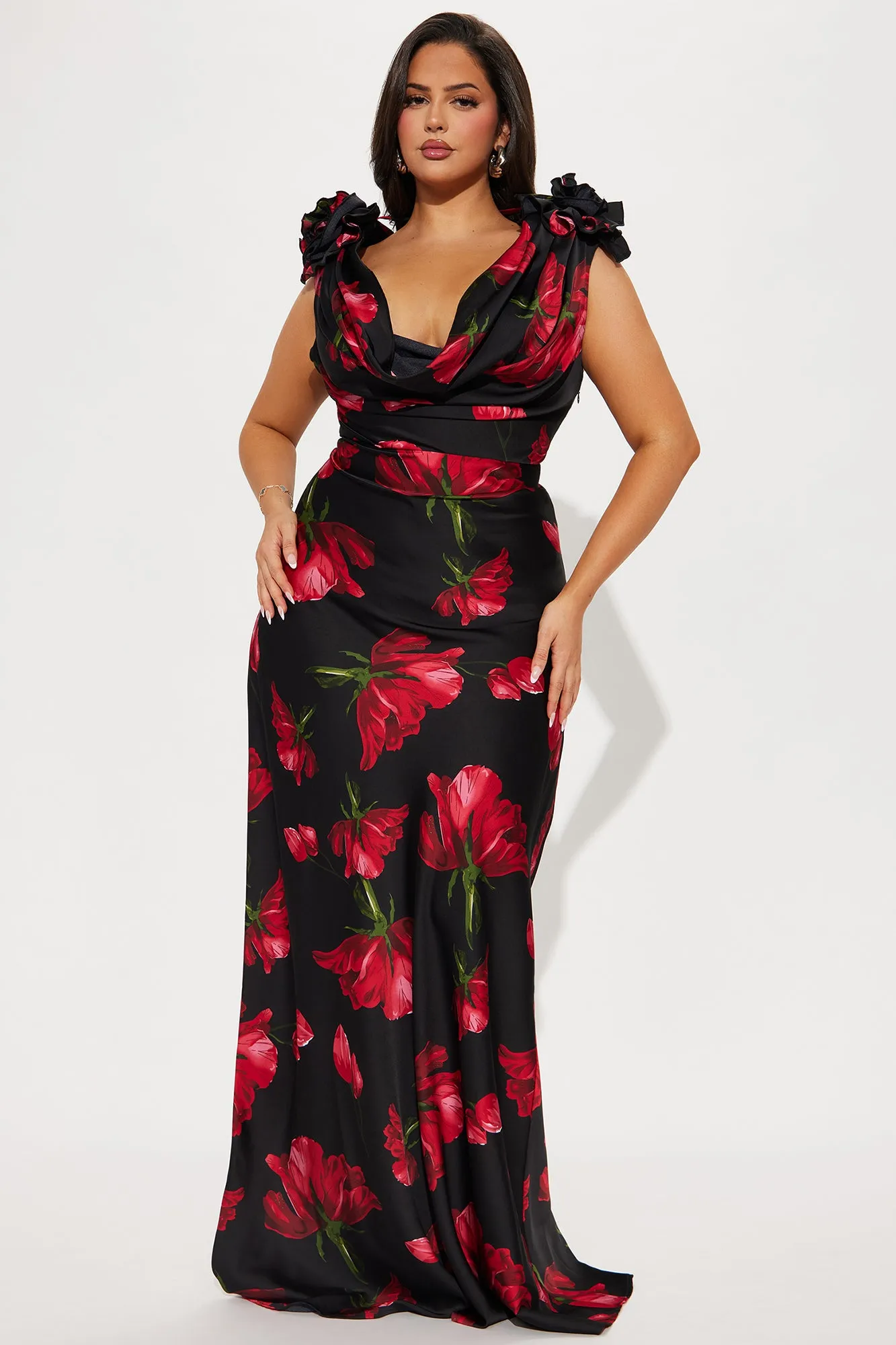 Positano Cowl Neck Floral Satin Maxi Dress - Black/combo sold by Fashion Nova product image thumbnail 4