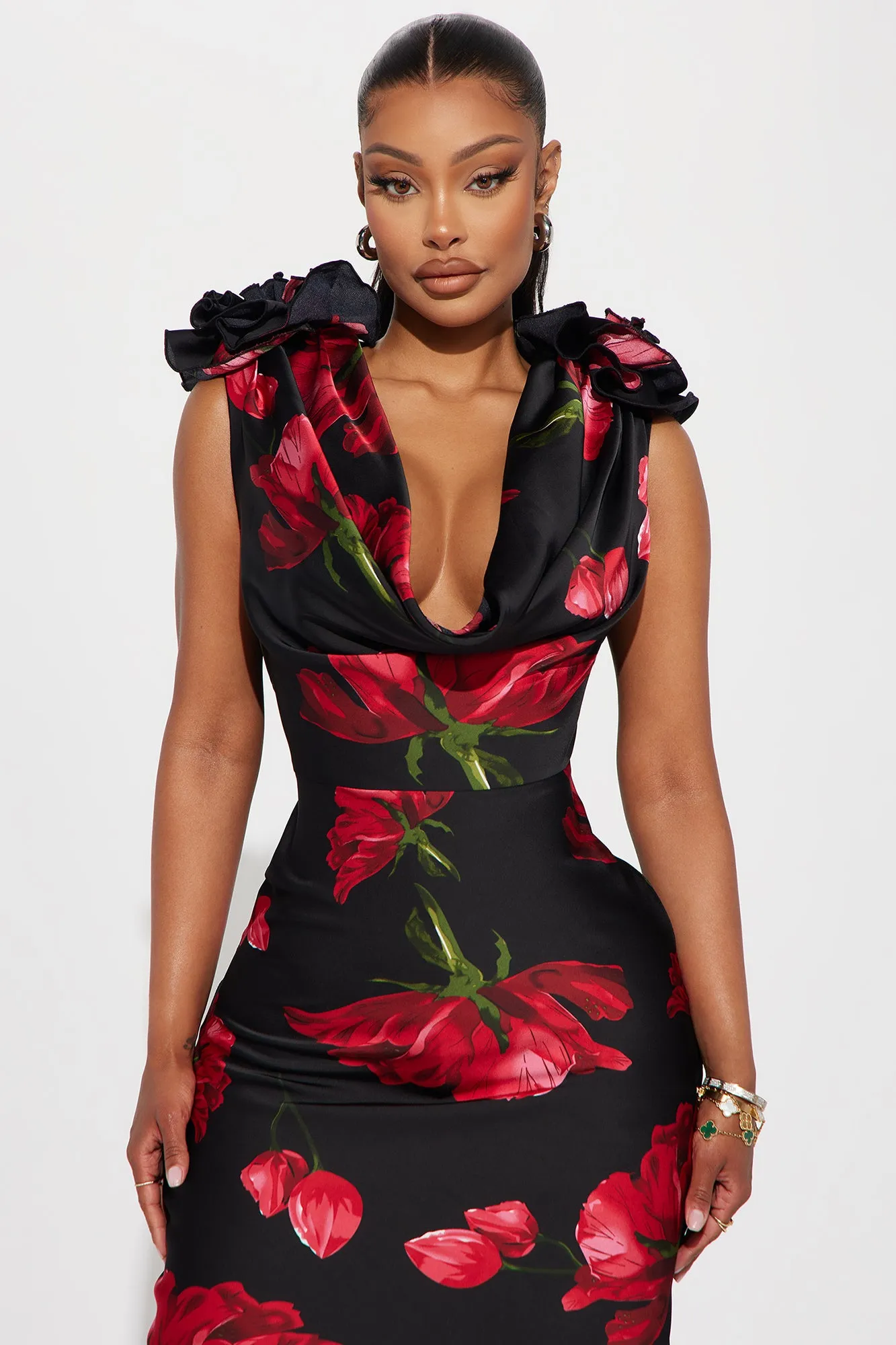 Positano Cowl Neck Floral Satin Maxi Dress - Black/combo sold by Fashion Nova product image thumbnail 2