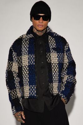 Beverly Tweed Cropped Chore Jacket - Navy/combo sold by Fashion Nova