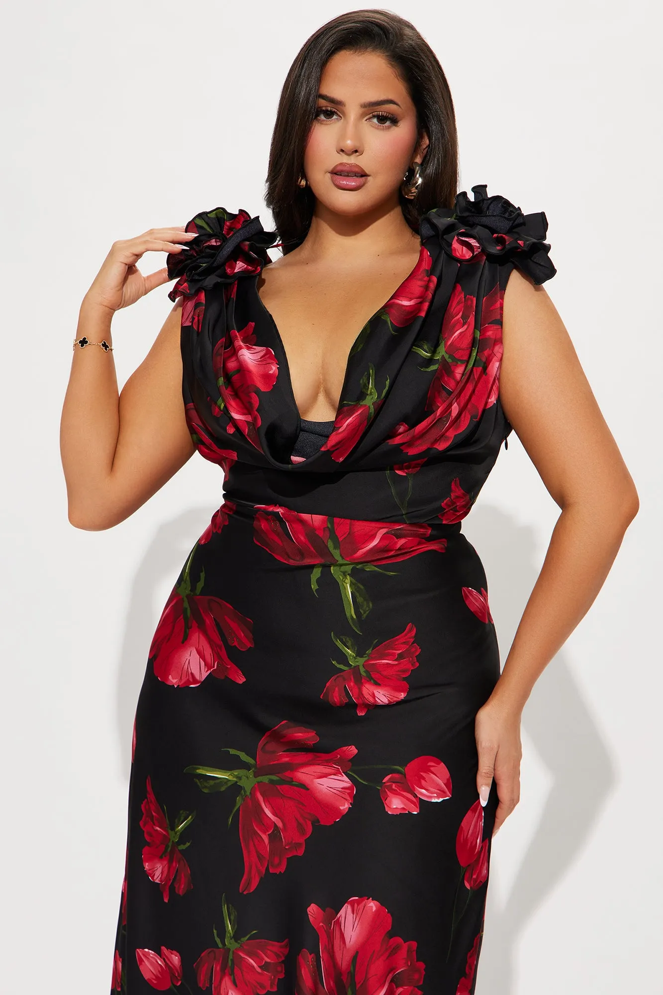 Positano Cowl Neck Floral Satin Maxi Dress - Black/combo sold by Fashion Nova product image thumbnail 5