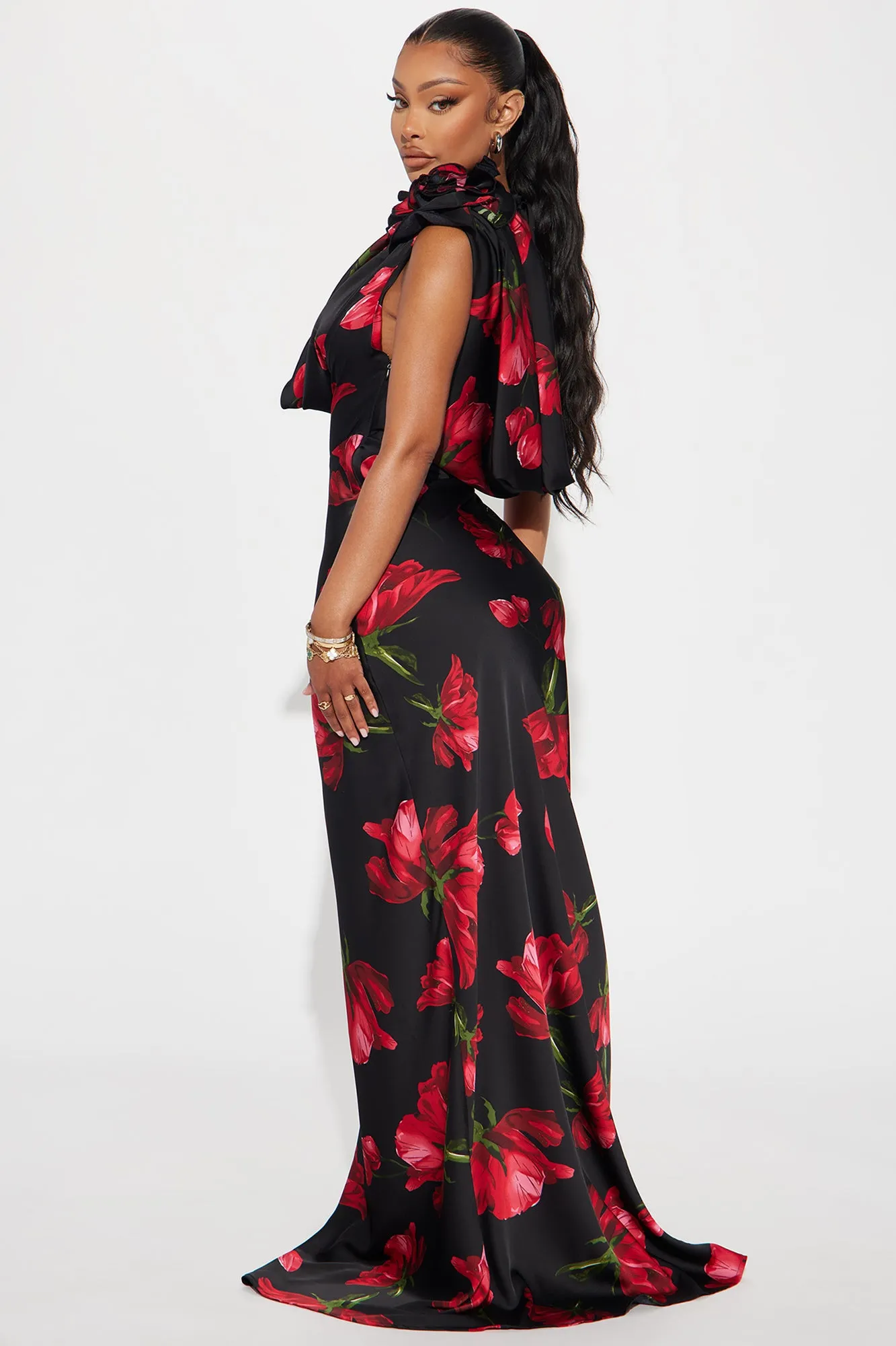Positano Cowl Neck Floral Satin Maxi Dress - Black/combo sold by Fashion Nova product image thumbnail 3