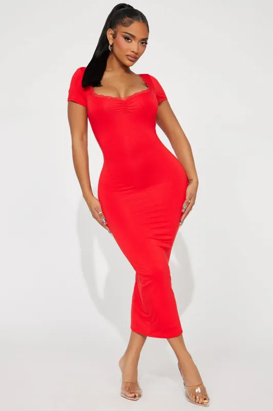 Soft Touch Lace Trim Midi Dress - Red sold by Fashion Nova