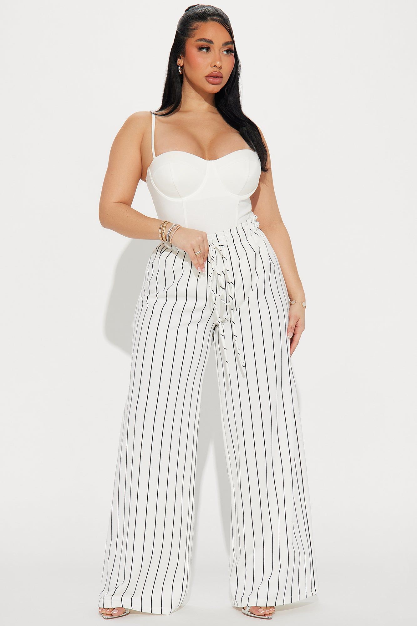 Coastal Babe Pinstripe Wide Leg Pant - White sold by Fashion Nova