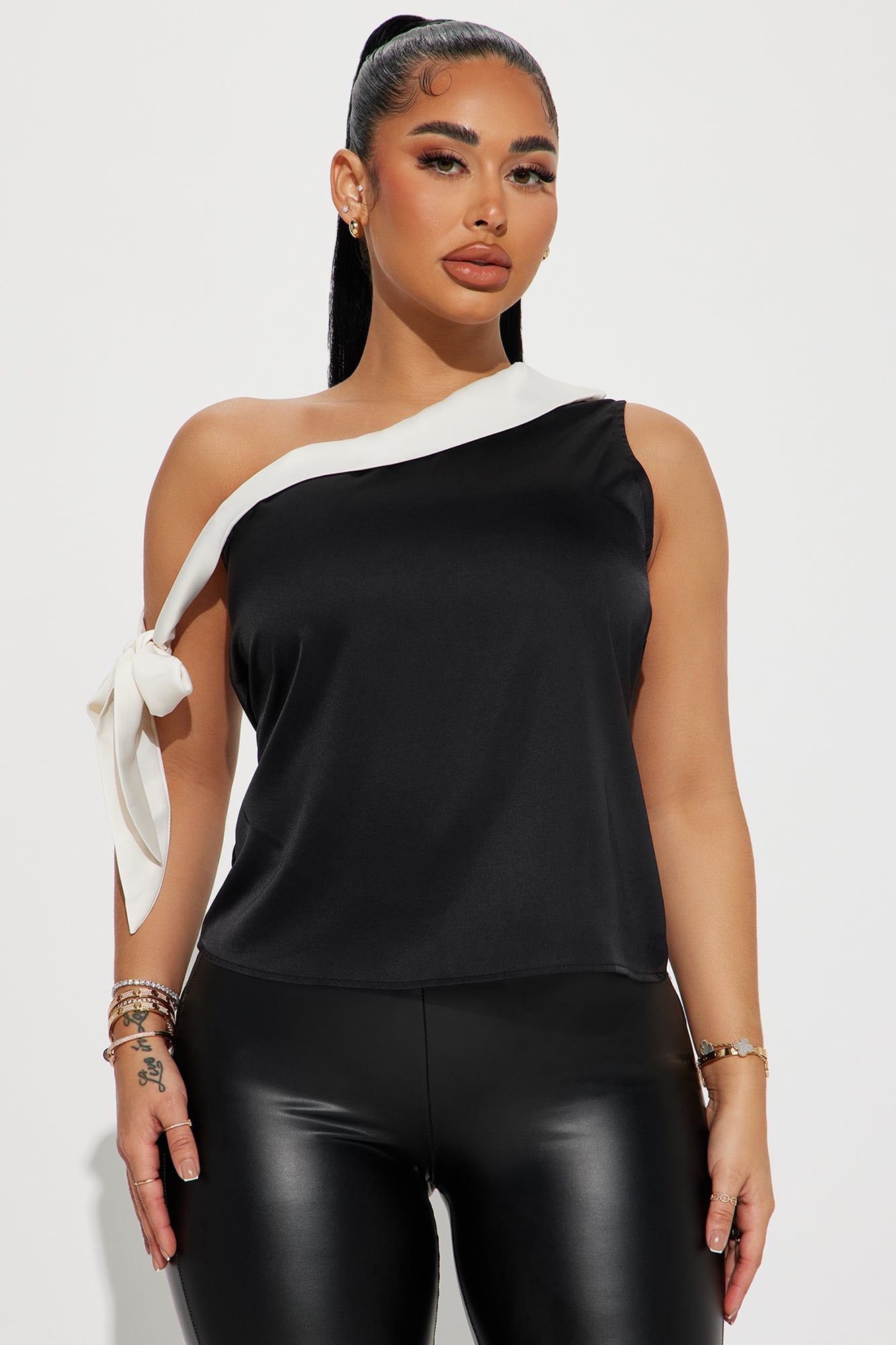 Gift Giver Satin Blouse Top - Black/combo sold by Fashion Nova
