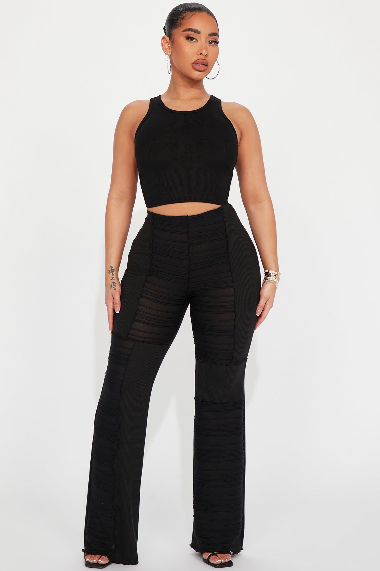 Let's Wait Textured Flare Pant - Black sold by Fashion Nova