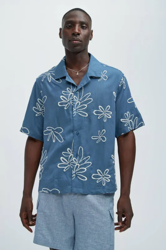 Daydream Floral Linen Shirt - Blue sold by Fashion Nova