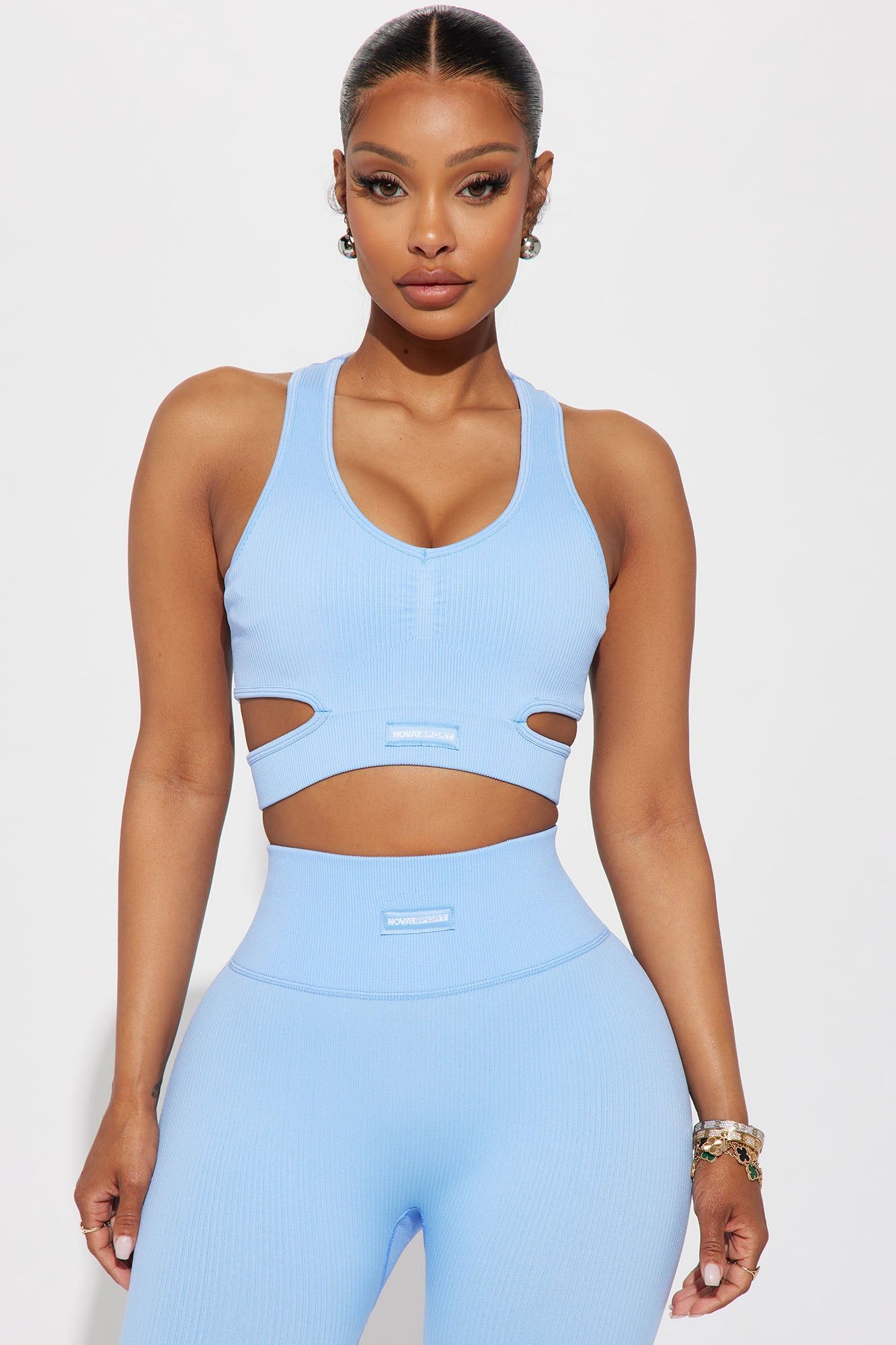 Roxane Ribbed Seamless Active Sports Bra - Light Blue sold by Fashion Nova