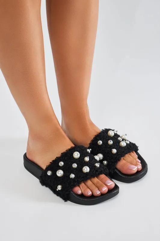 Kady Pearl Embellished Casual Slides - Black sold by Fashion Nova