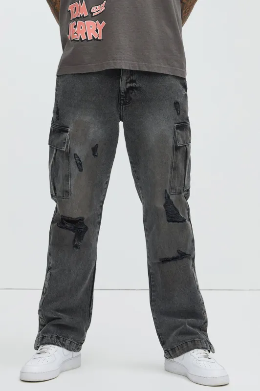 Kyan Cargo Flare Jeans - Charcoal sold by Fashion Nova