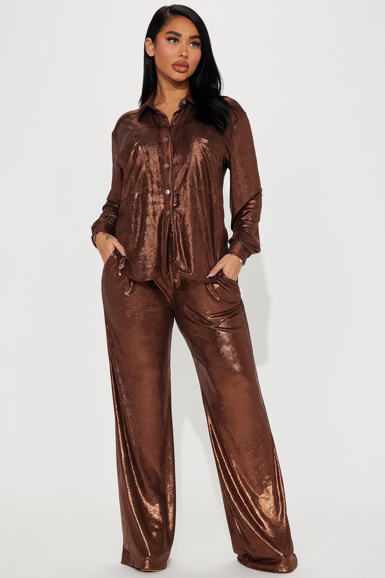 The Perfect Fit Metallic Pant Set - Brown sold by Fashion Nova