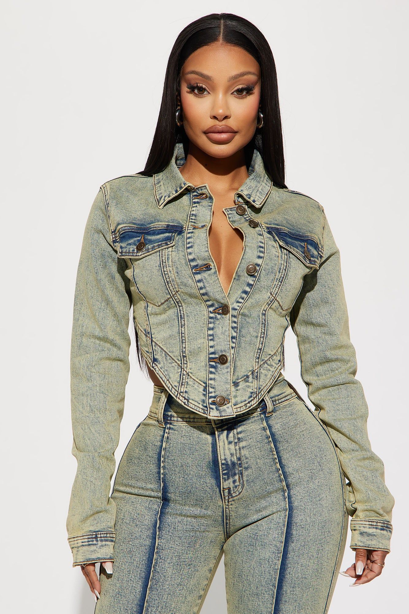 Vittoria Tinted Denim Trucker Jacket - Light Wash sold by Fashion Nova