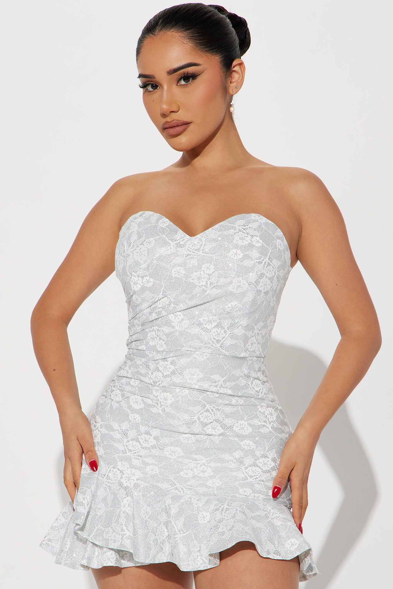 Riley Ruffle Metallic Mini Dress - White sold by Fashion Nova