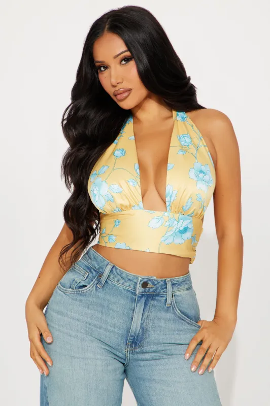 In The Sun Floral Halter Top - Yellow/combo sold by Fashion Nova
