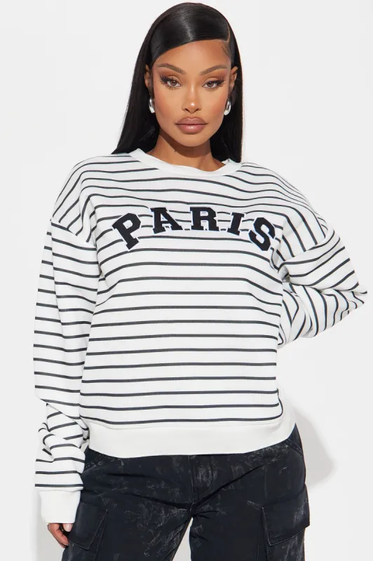 Parisian Getaway Striped Sweatshirt - White/Black sold by Fashion Nova