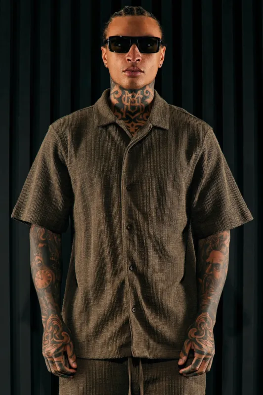 Dean Textured Short Sleeve Button Up Shirt - Brown sold by Fashion Nova