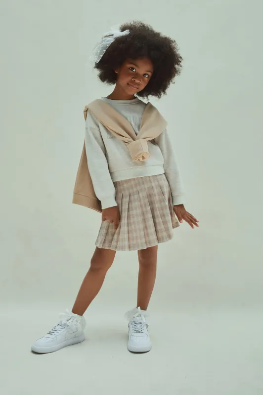 Mini L'Amour Vibes Pullover Sweatshirt and Skirt Set - Oatmeal sold by Fashion Nova