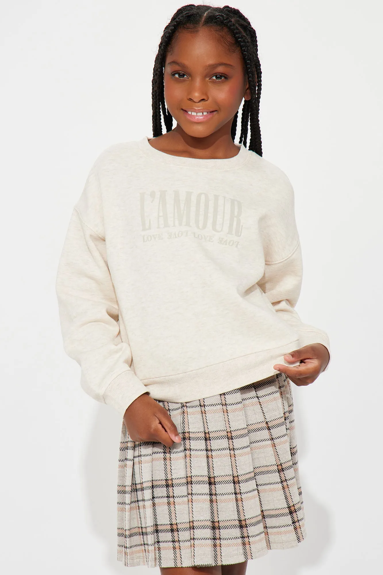 Mini L'Amour Vibes Pullover Sweatshirt and Skirt Set - Oatmeal sold by Fashion Nova product image thumbnail 4