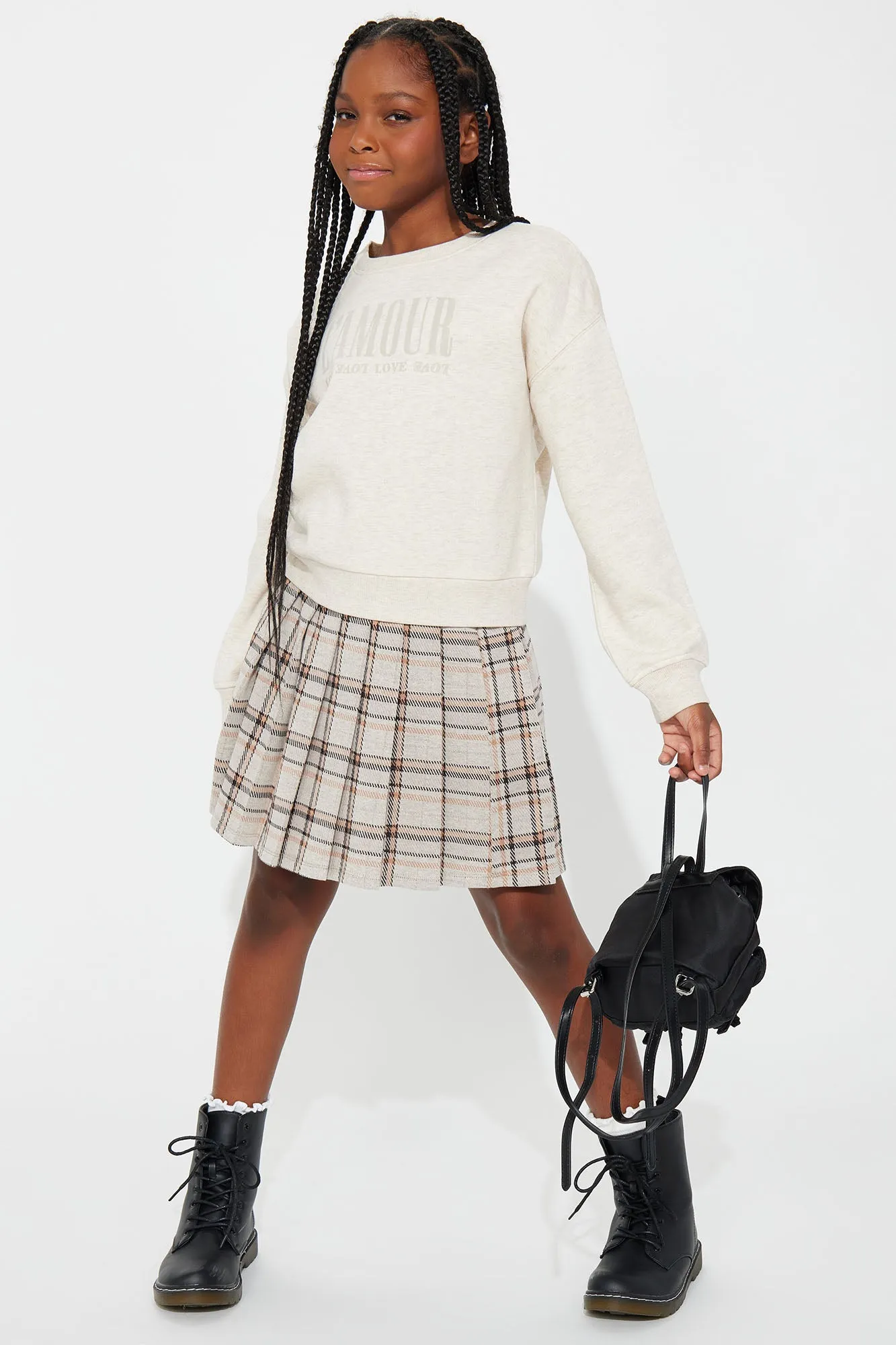 Mini L'Amour Vibes Pullover Sweatshirt and Skirt Set - Oatmeal sold by Fashion Nova product image thumbnail 3