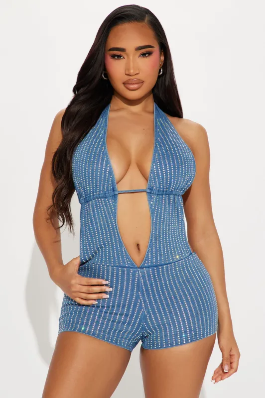 Sweet Fatale Embellished Denim Romper - Medium Wash sold by Fashion Nova