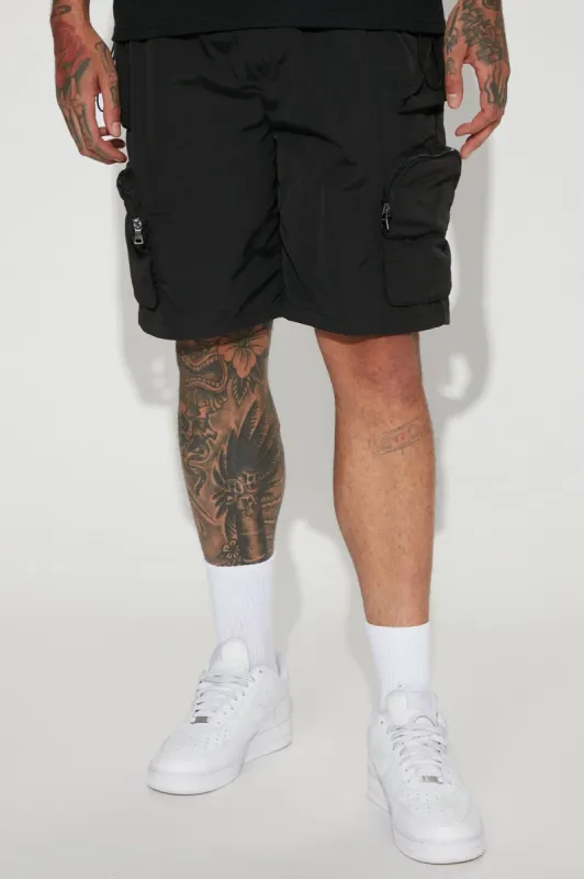 All This And That Nylon Cargo Shorts - Black sold by Fashion Nova