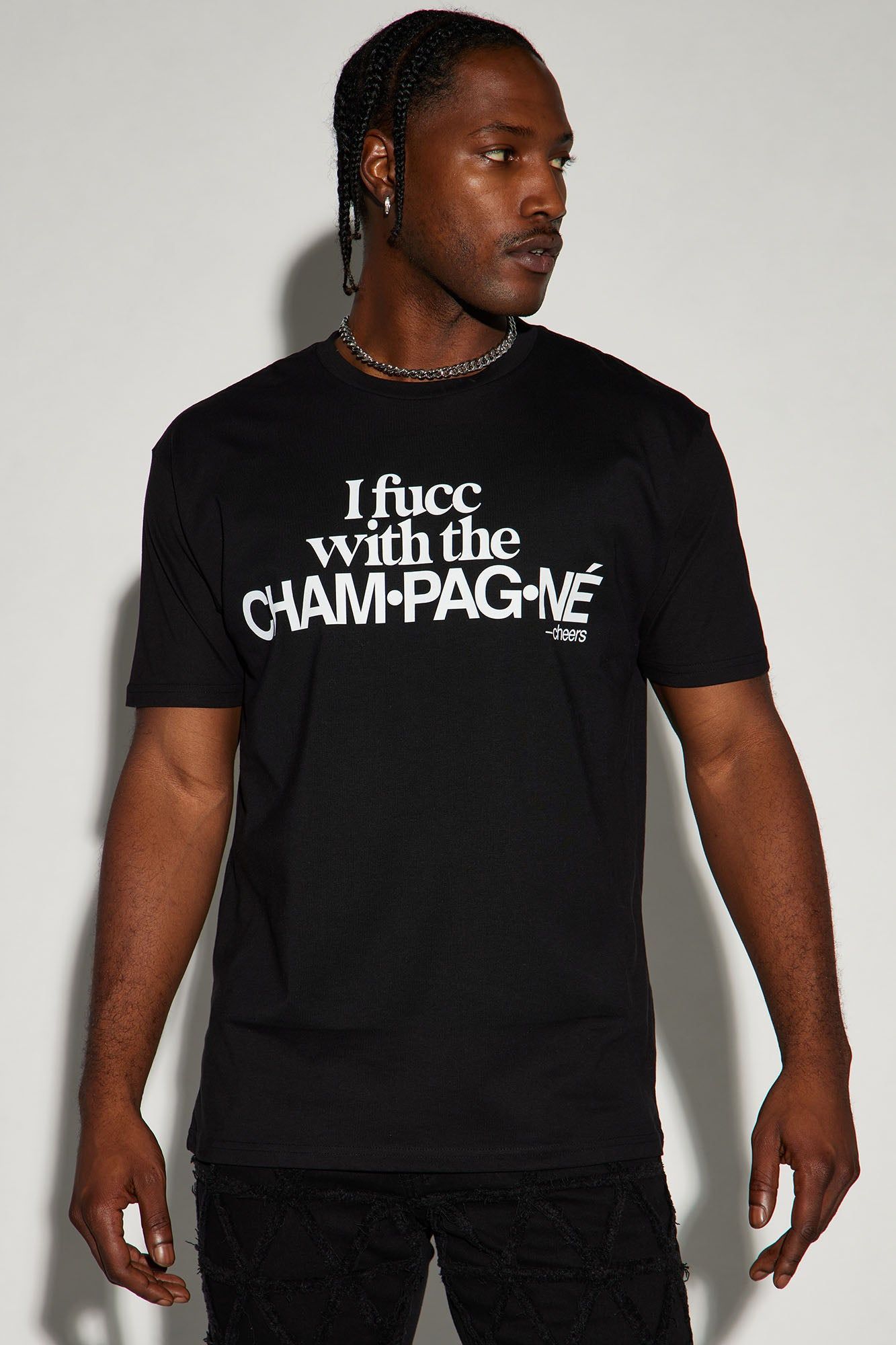 CHAM-PAG-NE Short Sleeve Tee - Black sold by Fashion Nova