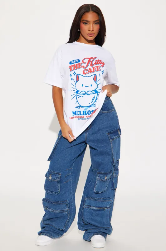 Melrose Kitty Cafe Oversized Tee - White sold by Fashion Nova