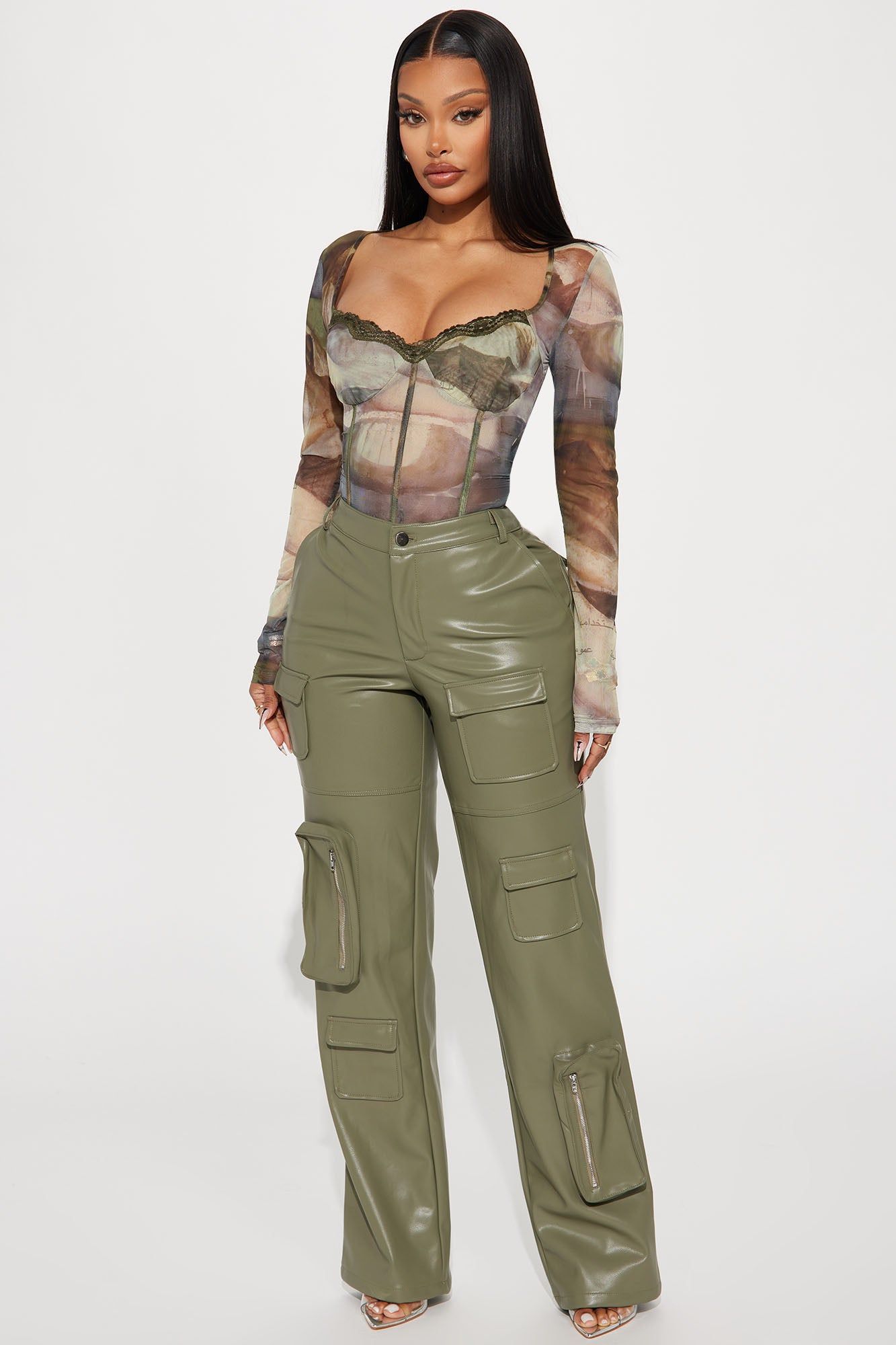 Never Too Late Faux Leather Cargo Pant - Olive sold by Fashion Nova