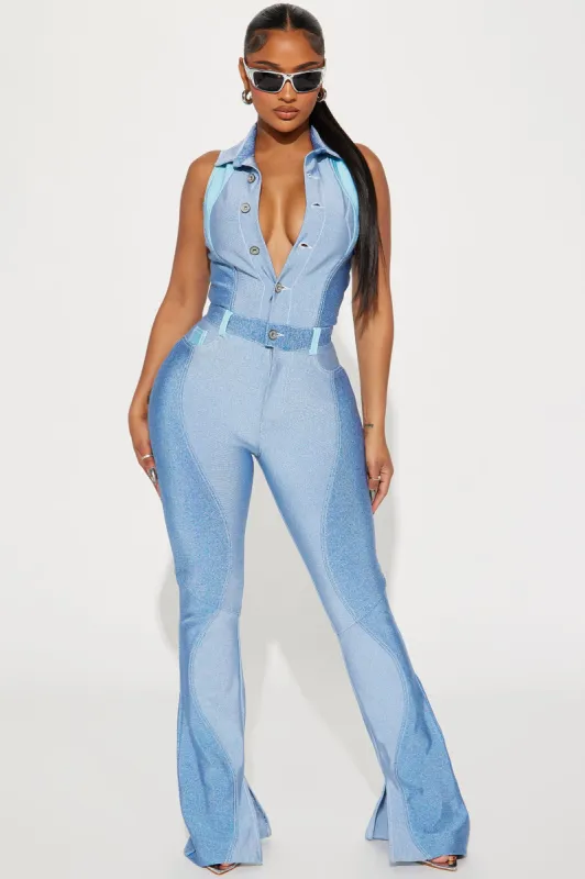 Rio Babe Bandage Jumpsuit - Blue/combo sold by Fashion Nova