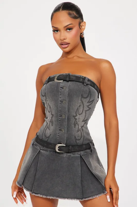 Urban Cowgirl Denim Micro Mini Dress - Black Wash sold by Fashion Nova
