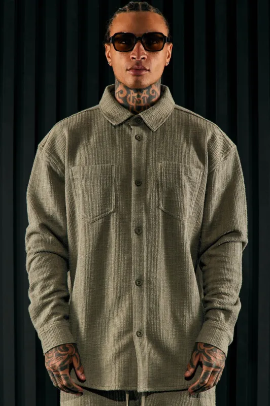 Dean Textured Long Sleeve Button Up Shirt - Olive sold by Fashion Nova