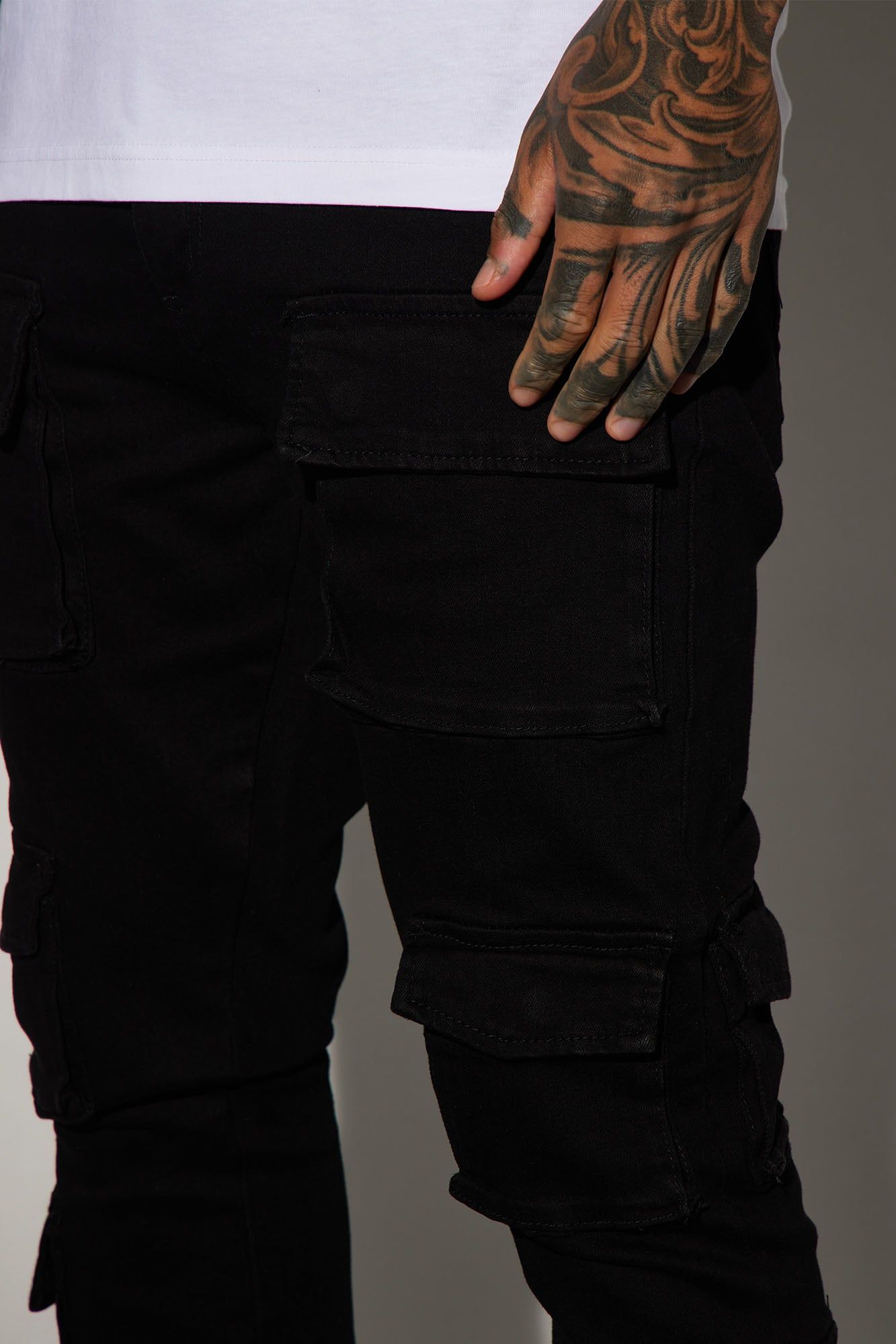 Three Cargo Stacked Skinny Flare Jeans - Black sold by Fashion Nova product image thumbnail 4