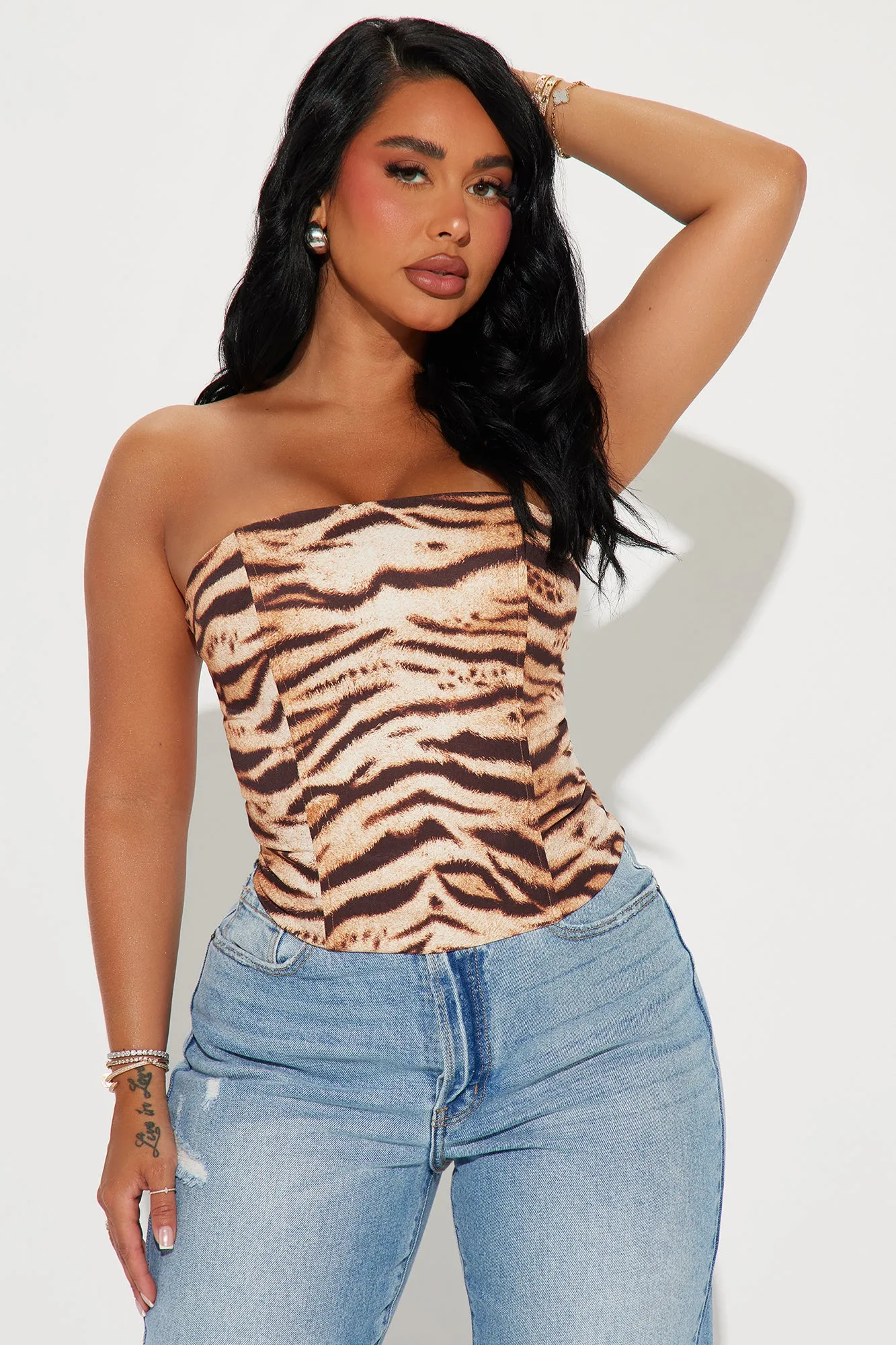 Eye Of A Tiger Corset Top - Brown/combo sold by Fashion Nova