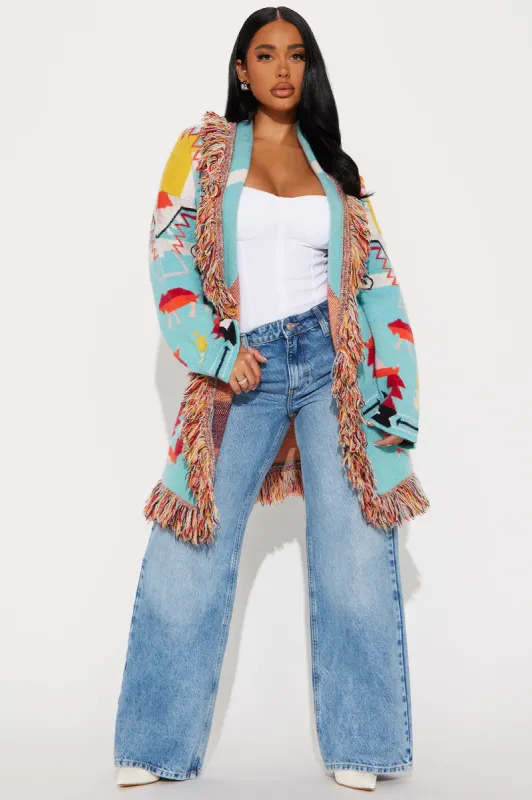 Western Day Fringe Cardigan - Blue/combo sold by Fashion Nova